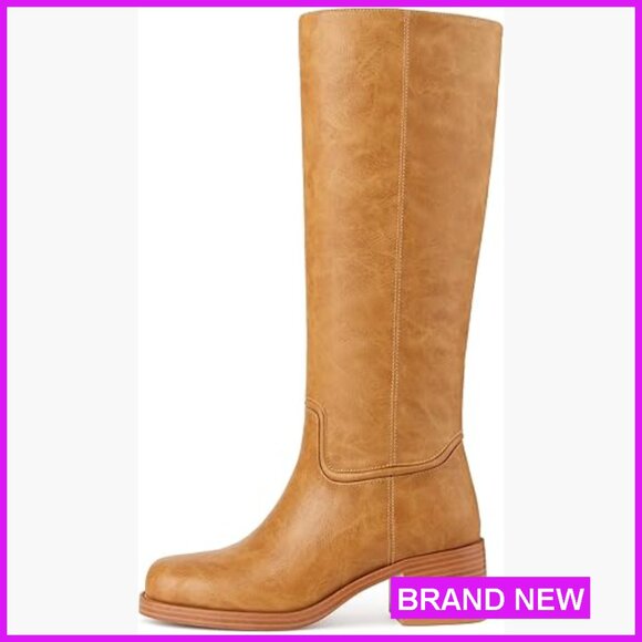Knee High Boots Chunky Block Heel Square Toe Pull On Fashion Comfortable Riding